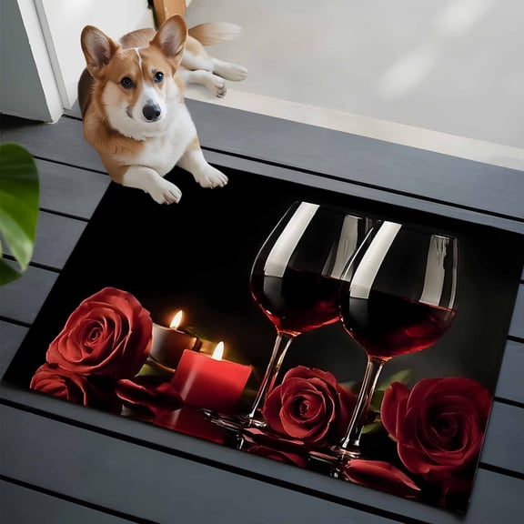 Red Wine Glass 2x3 Area Rugs for Living Room, Red Rose Romantic Candle Black Modern Style Non Slip Floor Mat Washable Low-Profile Indoor Carpet for Bedroom, Dining Room, Bathroom