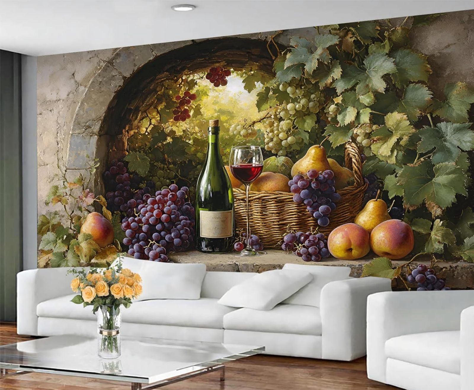 Red Wine Glass Custom Mural- Fresh Grapes Mural, European Arch Large ...