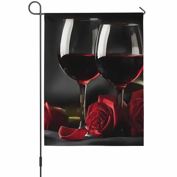 Red Wine Glass House Flags For Outdoor, Red Roses Romantic Black Modern Style Small Double Side Yard Flags Weather Proof House Decor for Lawn Outside Holiday 28 x 40 Inches