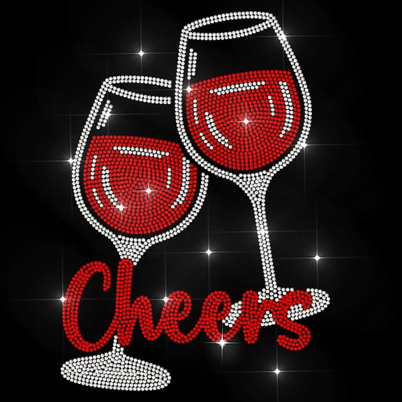 Red Wine Glass Iron on Transfers Cheers Text Glass Rhinestone Hotfix Applique Party Wine Glitter Decals