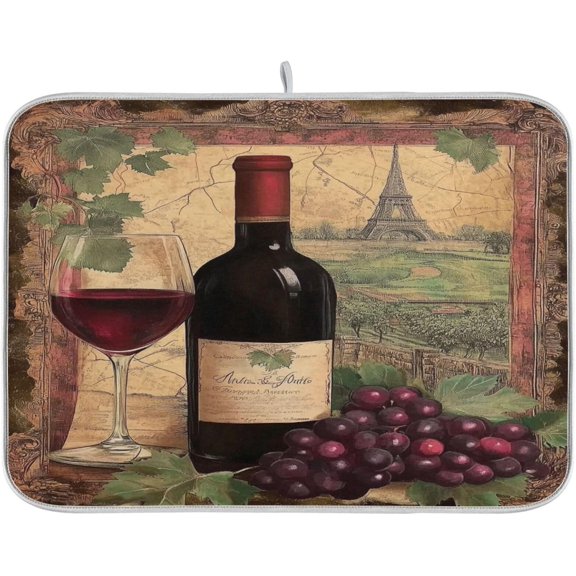 Red Wine Glass Leaf Grapes Pattern Dish Drying Mat for Kitchen Counter Absorbent Reversible Microfiber Drying Pad Countertop Drainer Mats, Small 16 x 18 inch