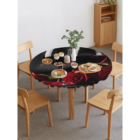 Red Wine Glass Round Fitted Tablecloth with Elastic Edge, Red Roses Romantic Black Modern Style Waterproof Stretch Table Covers for 36"-44" Tables Wipeable Table Cloth for Outdoor