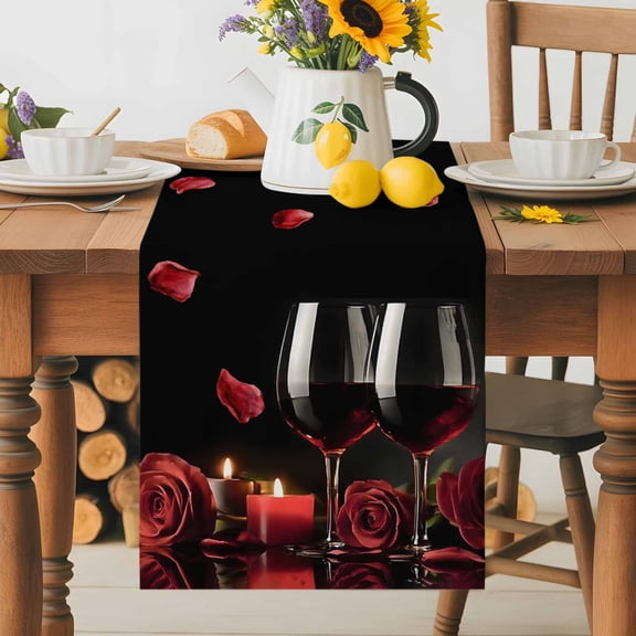 Red Wine Glass Table Runner 13x36 Inch Red Rose Romantic Candle Black Modern Style Cotton Linen Dining Table Runner Ideal for Dresser Kitchen Coffee Tables - Machine Washable