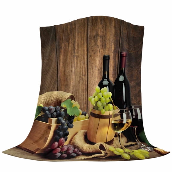 Red Wine Glass Throw Flannel Blanket Purple Grapes Brown Wood Grain Farms Super Soft Cozy Bed Blanket, Lightweight Plush Fuzzy Bed Throw for Bedroom Sofa Couch Living Room 40x50In,