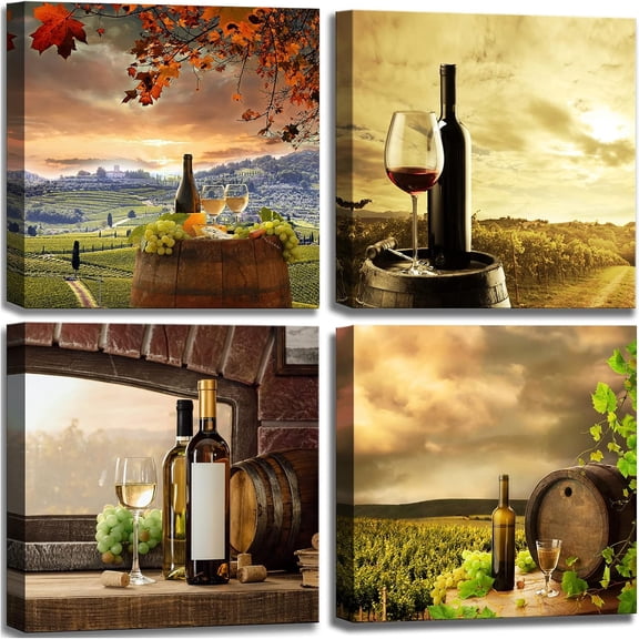 Red Wine Glasses Canvas Wall Art For Kitchen Dining Room Decor, Rustic Vineyard Paintings & Fruit Grape Artwork Pictures Prints for Bar Living Room Decoration - 16"x16"x4 panel