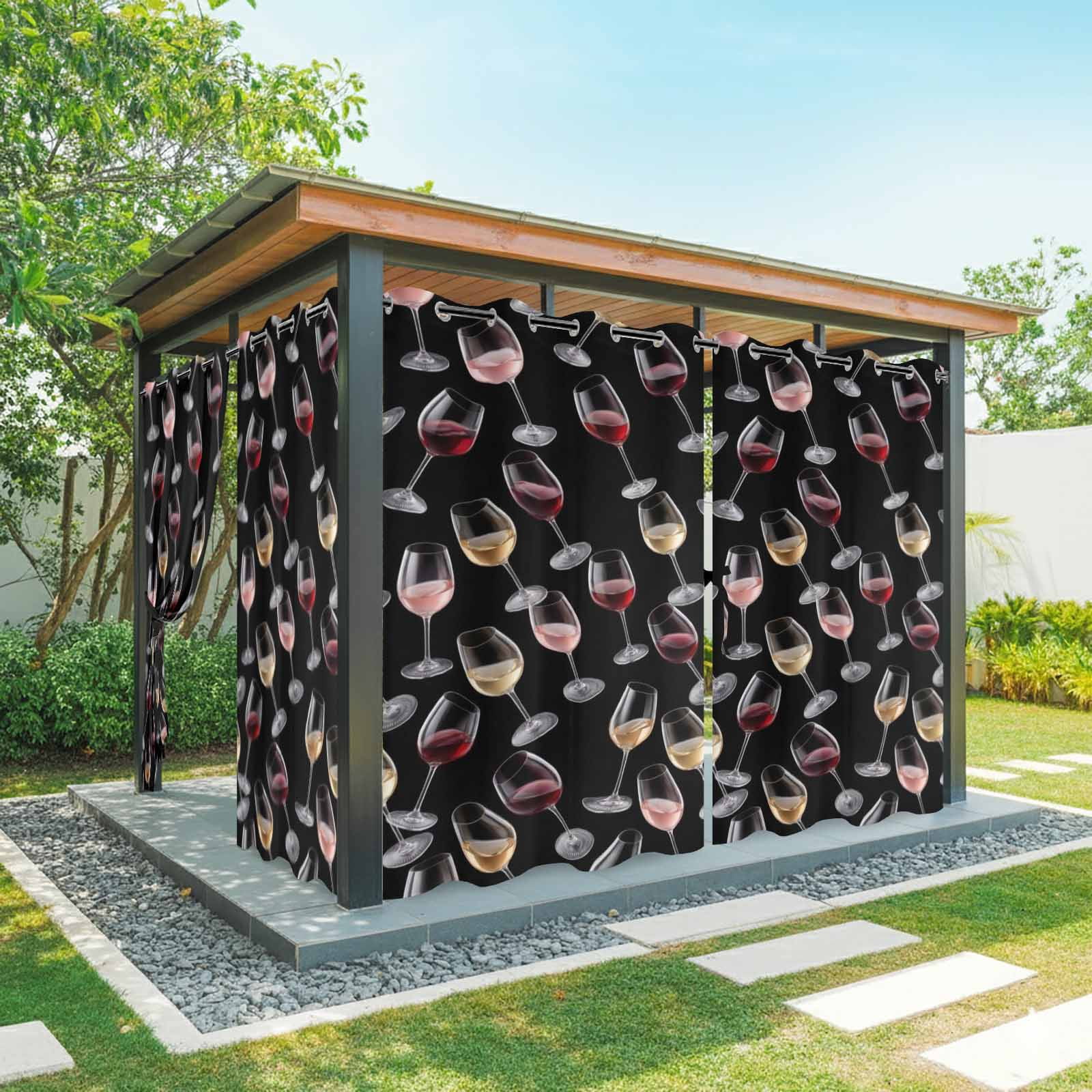 Red Wine Glasses Outdoor Curtains for Patio, Modern Red Gold Champagne Flutes Black Background Sunshade Privacy Drapes Grommet Waterproof Outside Curtains for Porch/Cabana/Balcony 54"x 108", 1 Panel
