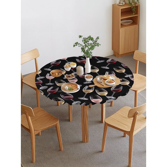 Red Wine Glasses Round Fitted Tablecloth with Elastic Edge, Modern Red Gold Champagne Flutes Black Background Waterproof Stretch Table Covers for 55"-60" Tables Wipeable Table Cloth for Outdoor