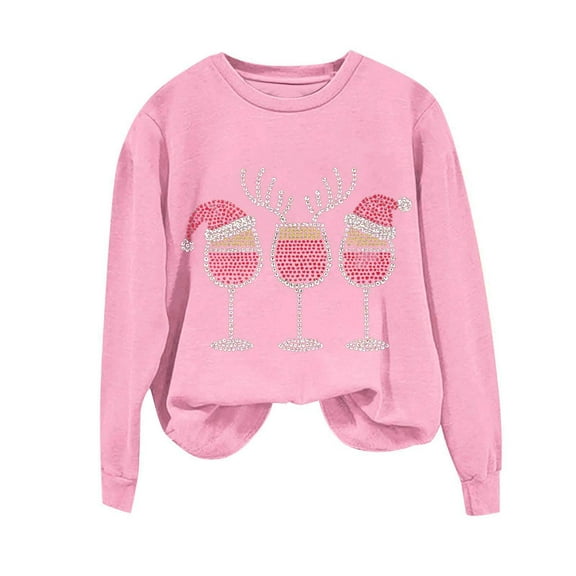 Red Wine Glasses Tees Ugly Christmas Shirts for Women Christmas Sweater Adult Ugly Xmas Sweater Long Sleeve Blouse