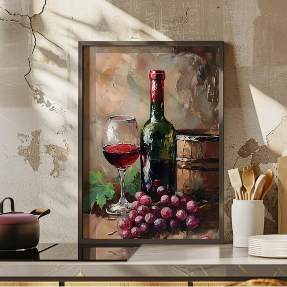 Red Wine Grapes Wall Art Vintage Kitchen Bar Decor, Unframed Paper Print Size 8x12