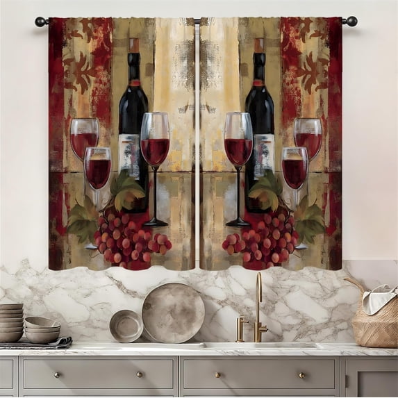 Red Wine Kitchen Curtains 26W X 24L Inch 2 Panels Rod Pocket Vintage Burgundy Abstract Grapes Small Short Cafe Tier Curtains Retro Glasses Neutral Bottles Window Drapes Treatment Home Decor