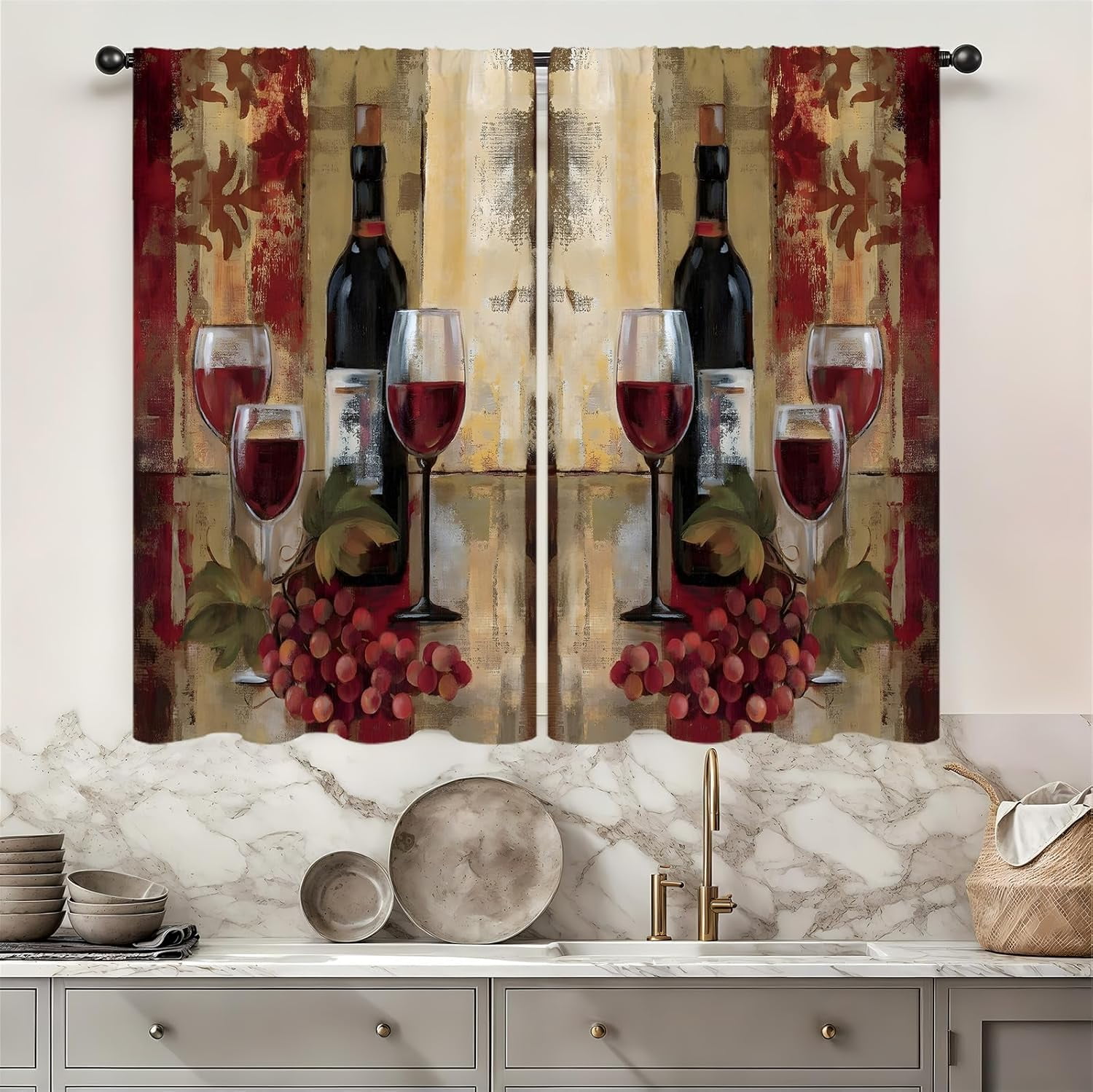 Grape Kitchen Red Wine Kitchen Curtains 26W X 36L Inch 2 Panels Rod Pocket Vintage ...