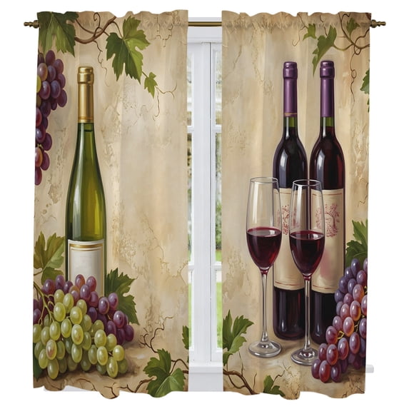 Red Wine Kitchen Curtains 63 Inch Length, Grapes Rustic Bottles Farmhouse Italian Manor Tiers Curtains for Living Room Berdoom Bathroom, Light Filtering Drapes Window Treatment 2 Panels 42"Wx63"L