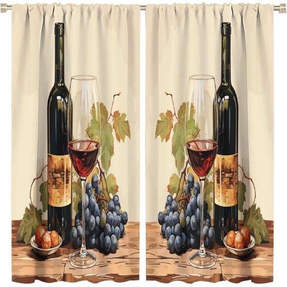 Red Wine Kitchen Curtains Bottles Glasses Grapes Retro Abstract Bedroom Living Room Blackout Rod Pocket Decoration Window Drapes 2 Panels W42xL54in