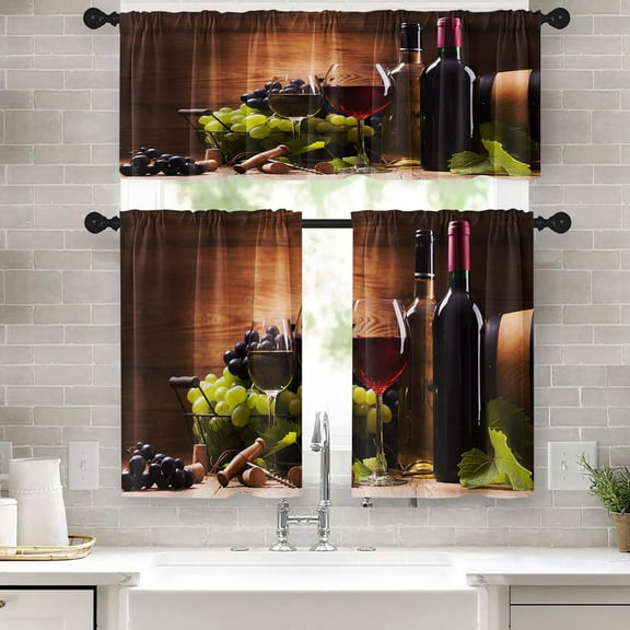 Red Wine Kitchen Curtains Grapes Glasses Wooden Window Curtains Valance and Tier Set 36 Inch, Vintage Rod Pocket Short Tier Curtain, Retro Small Cafe Curtains for Kitchen Decor