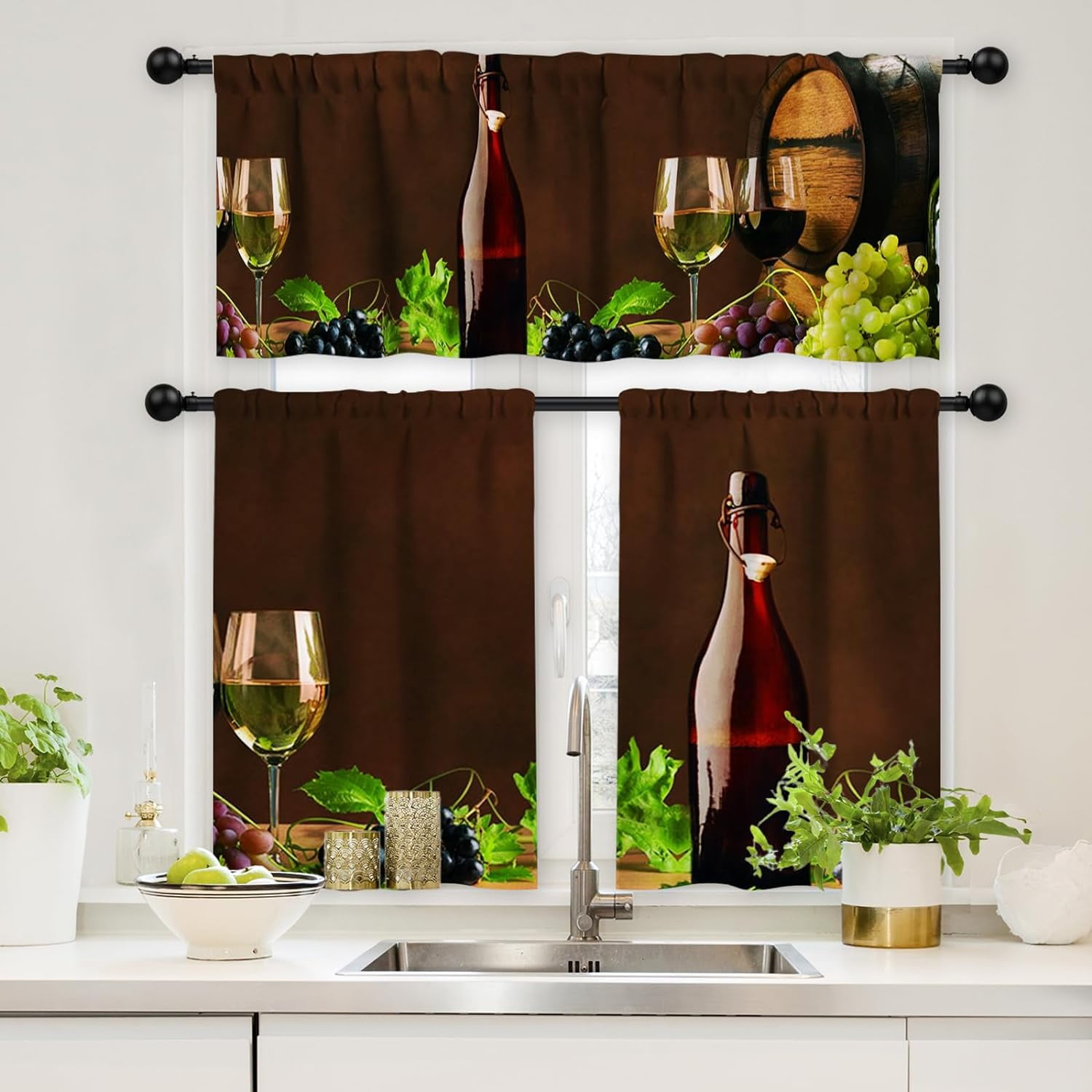 Red Wine Kitchen Curtains and Valances Set 3 Piece,Grapes Glasses Window Curtains Valance and Tier 36 Inch Length Retro Window Treatment Tiers for Living Room Window Decor