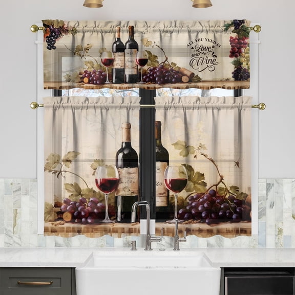 Red Wine Kitchen Curtains Valances and Tiers Set for Windows,Grape Wine Lover Bathroom Window Curtain Valance 3 Piece Sets,Kitchen Decor for Living Room,54''''x 36''''