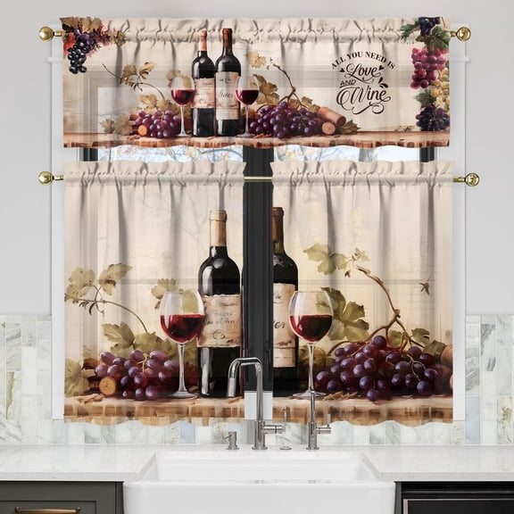 Red Wine Kitchen Curtains Valances and Tiers Set for Windows,Grape Wine Lover Bathroom Window Curtain Valance 3 Piece Sets,Kitchen Decor for Living Room,54''''x 36''''
