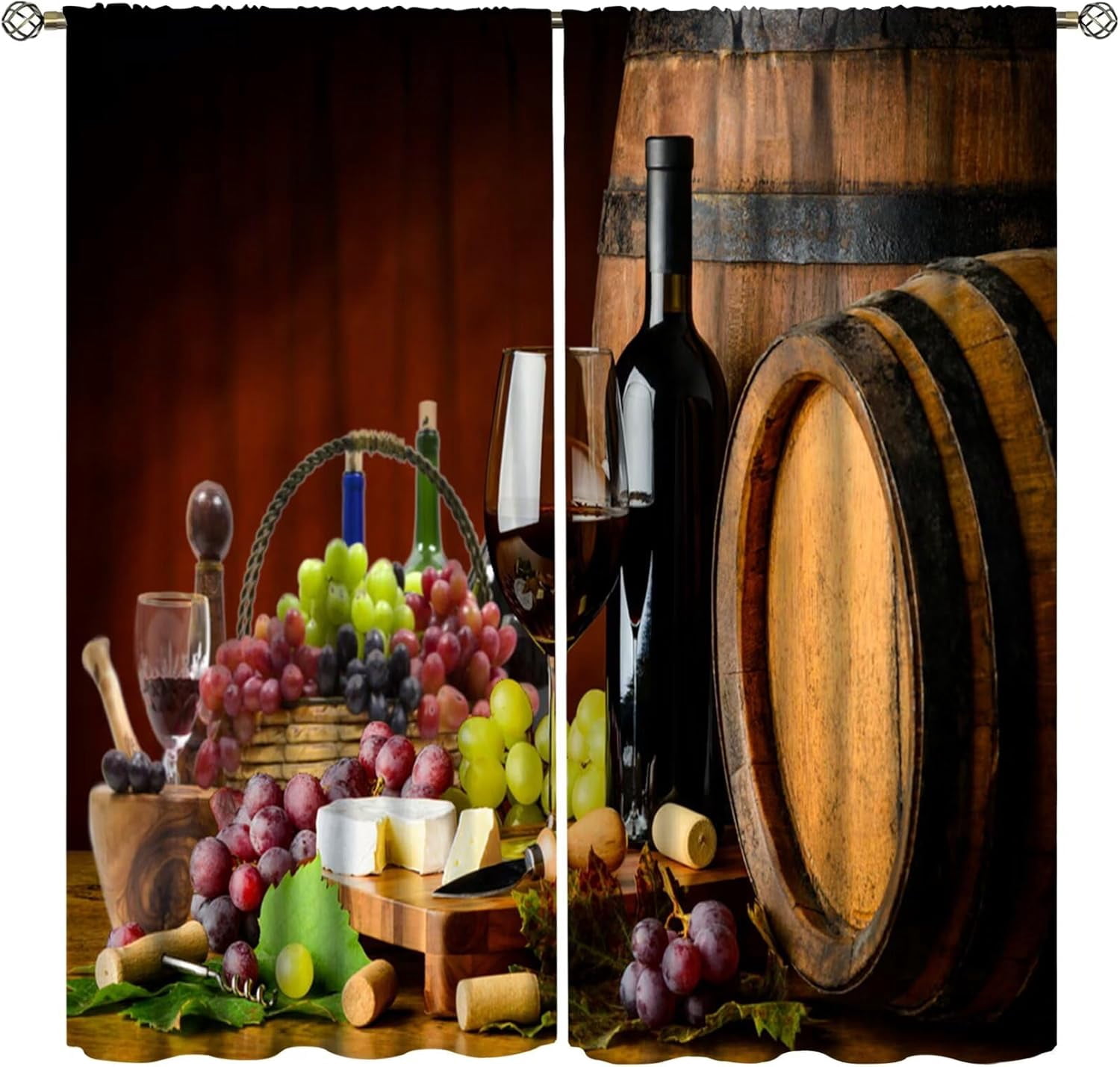 Red Wine Kitchen Curtains Vintage Grapes Brown Wood Barrel Curtain with Rod Pocket for Bedroom Living Room Home Decor Drapes Thermal Insulated Window Treatments 2 Panels Set 84x84in