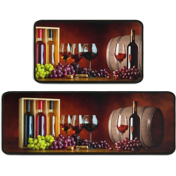 Red Wine Kitchen Decor Rugs Set 2 Piece, Farmhouse Style Home Indoor Kitchen Floor Mats, Absorbent Non Skid Washable Runner Rug 17x47+17x30 Inch