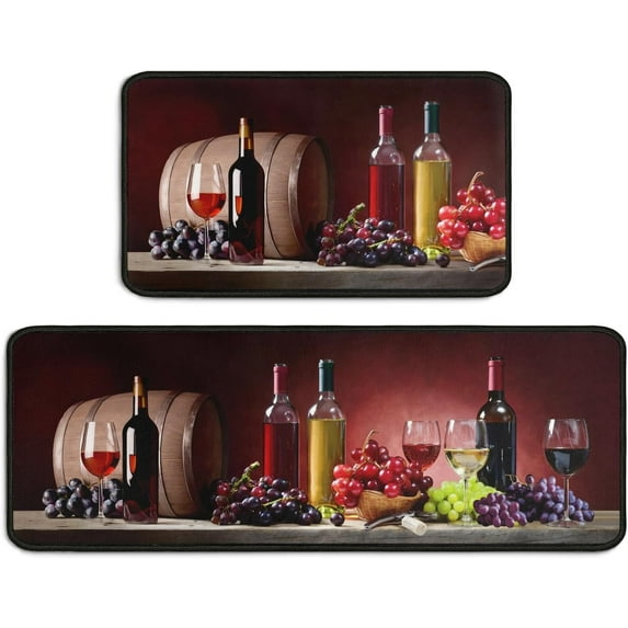 Red Wine Kitchen Decor Rugs Set 2 Piece, Farmhouse Style Home Indoor Kitchen Floor Mats, Absorbent Non Skid Washable Runner Rug 17x47+17x30 Inch