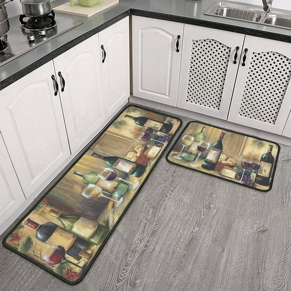 Red Wine Kitchen Rugs and Mats Non Skid Washable Set Of 2, Grapes and Wine Bottles Kitchen Mats for Floor, Farmhouse Kitchen Runner Rug, Romantic Kitchen Decor