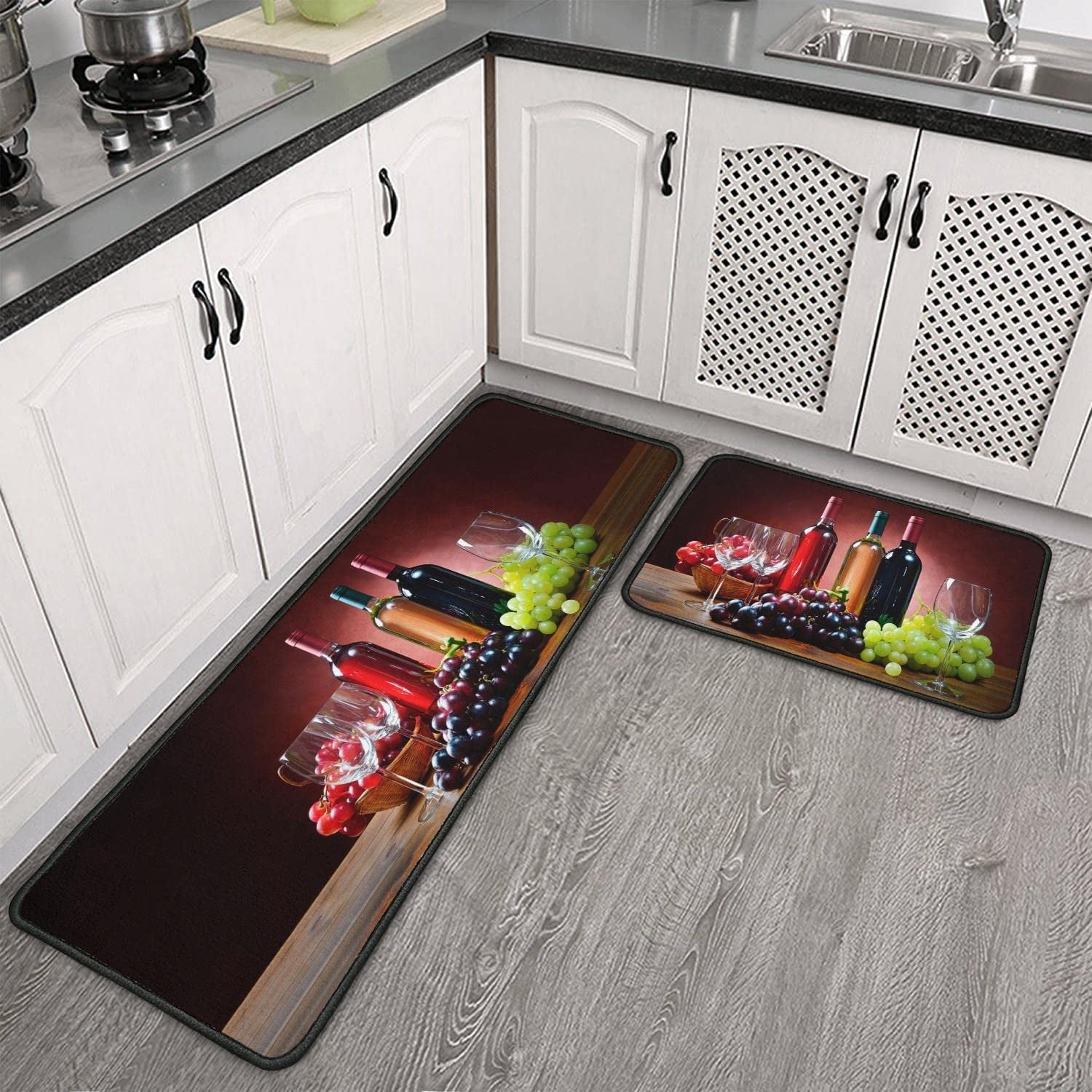 Red Wine Kitchen Rugs Set of 2, Christmas Gift Decor Kitchen Mat, Durable Running Rugs Washable