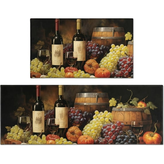 Red Wine Kitchen Rugs Sets of 2, 3D Grapes Farmhouse Washable Anti Fatigue Kitchen Runner Mats for Floor, Non Slip Comfort Standing Holiday Decor Mat for Sink, Laundry, Office 17"x 47"+17"x 30"