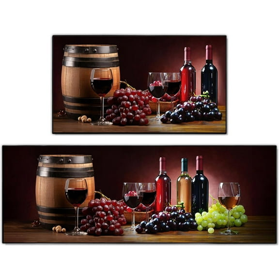 Red Wine Kitchen Rugs and Mats 2 Piece Set Washable Kitchen Mats 17"x47"+17"x30"(Wine)