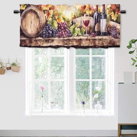 Red Wine, Kitchen Window Valance Vintage Abstract Grapes Red Wine Barrel Oil Painting Living Room, Farmhouse, Bedroom, Rod Pocket Curtain Valance 54x18inch(1Pcs)