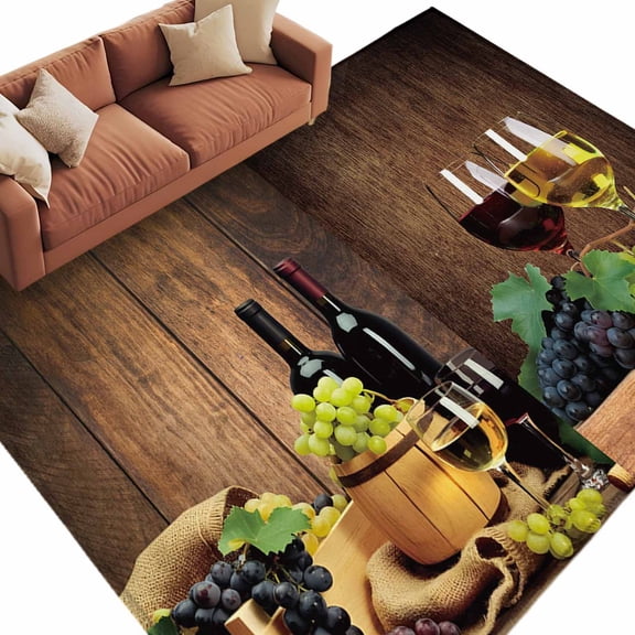 Red Wine Large Area Rugs for Bedroom Living Room, Soft Non Slip Carpet Bedside Rug, Grapes Glasses Country Wooden Farmhouse Rectangular Floor Cover Kitchen Accent Rug 6'x9' for Dining Room/Office