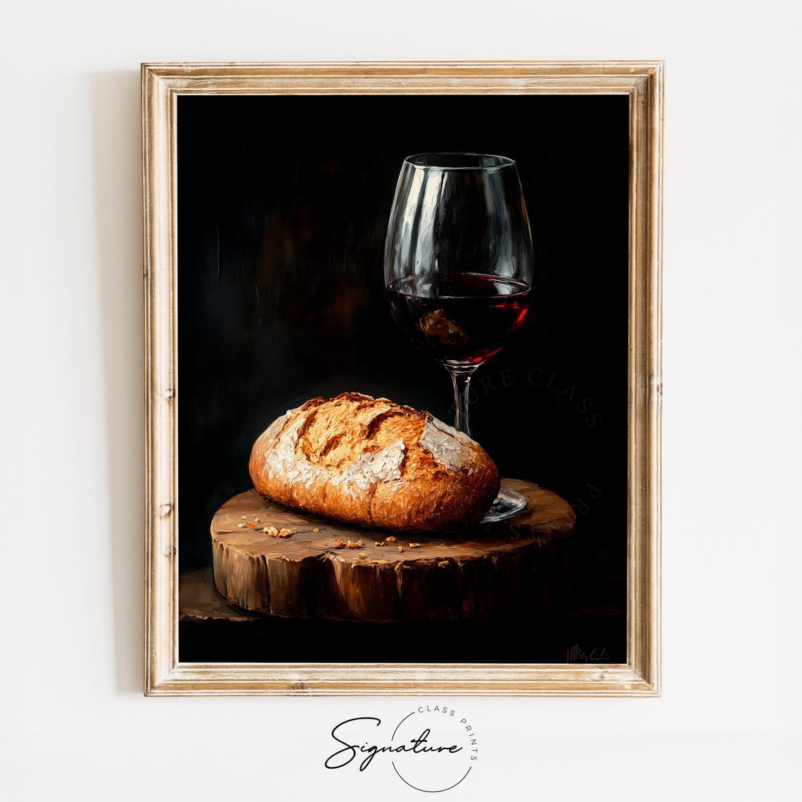 Red Wine And Loaf Of Bread On Wooden Board, Rustic Still Life Art, Cozy Kitchen Wall Decor, Vintage Cottagecore Dining Room 2091 Home Decor, 24x36 UNFRAMED