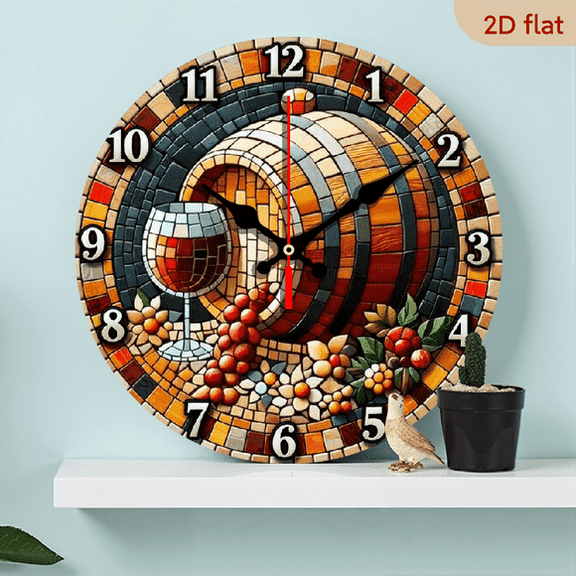 Red Wine Mosaic 2D Flat MDF Wood 10in Round Wall Clock, Silent Non-Ticking Battery Operated, Bedroom Living Room Office Home Decor Art, Ideal Gift for Christmas and New Year