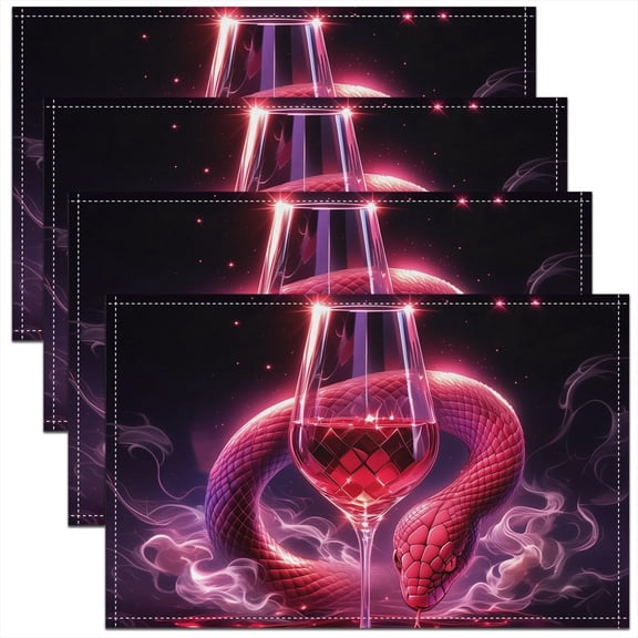 Red Wine Placemat Set of 4(12"x18"),Pcychedelic Wine Glass Starry Glitter Red Black Outdoor Indoor Place Mats,Gothic Snake Mystic Animal Washable Table Mats,Personalized Gifts