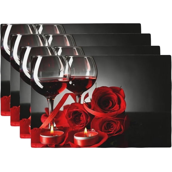 Red Wine Rose Candle Placemats Set of 4 Red and Black Romantic Burgundy Linen Washable Blossom Floral Placemat Kitchen Dining Heat-Resistant Place Mats Desktop Decor Table Mats 12x18 Inch