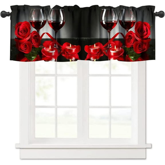 Red Wine Rose Curtain Valance,Wine Glass Candle Red Romantic Valentine''s Day Kitchen Living Room Decoration Short Valance Curtain 1 Panel 54" x 18"