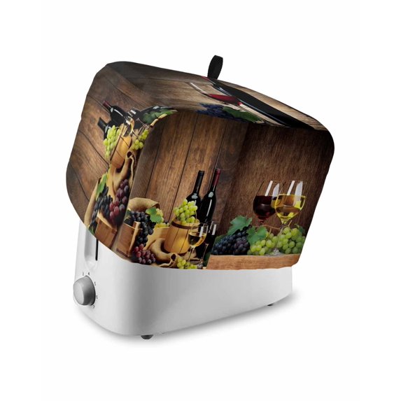 Red Wine Small Toaster Cover 2 Slice, Kitchen Appliance Covers, Grapes Glasses Country Wooden Farmhouse Toaster Oven Cover with Loop, Bread Machine Cover Polyester Dust Cover Protection