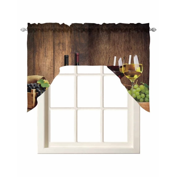 Red Wine Swag Valances for Windows, Small Curtains Drapes, Grapes Glasses Country Wooden Farmhouse Kitchen Window Curtains Over Sink Rod Pocket Window Treatment Valance for Bedroom/Bathroom 56"x36"