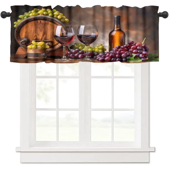 Red Wine Valance Curtains for Kitchen, Retro Vintage Grapes Fruit Rustic Country Brown Glass Bottle Art Small Rod Pocket Panel Window Treatments for Bedroom Bathroom 54x18in