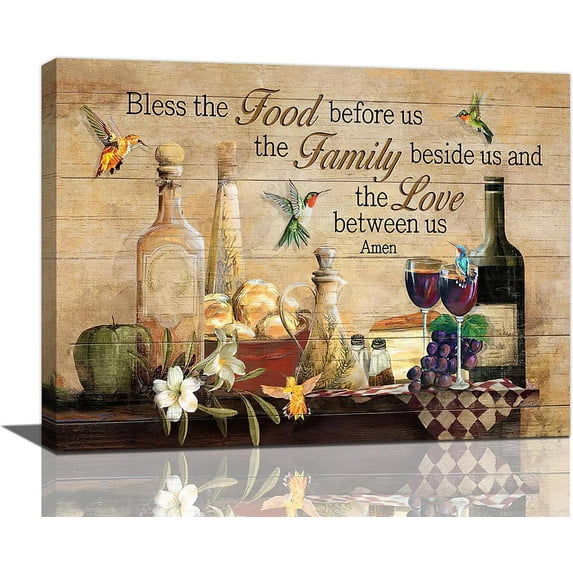 Red Wine Wall Art Rustic Kitchen Pictures Wall Decor Vintage Blessed Christian Canvas Farmhouse Hummingbirds Painting Prints Framed Artwork for Kitchen Dining Room Restaurant 12"x16"
