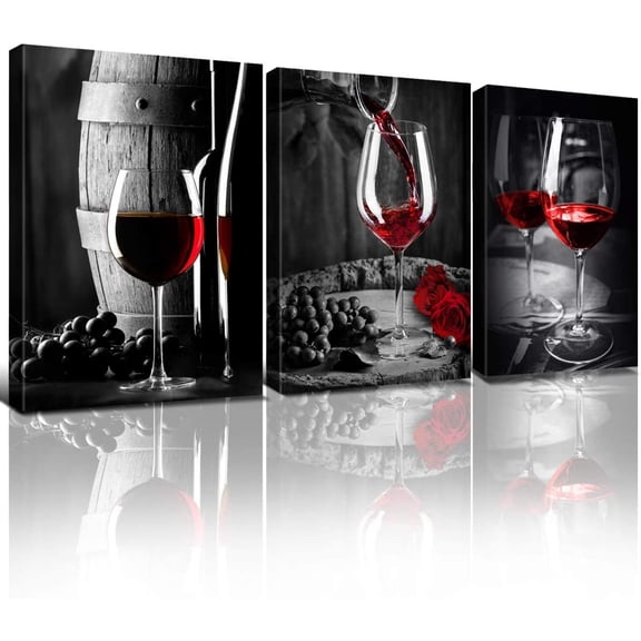 Red Wine Wall Decor Kitchen Wall Art Black and White Glass Cup Canvas Pictures Dining Room Bar Paintings Vintage Red Wine Goblet Posters Burgundy Food Artwork Restaurant Home Decoration 12x16 3 Piece