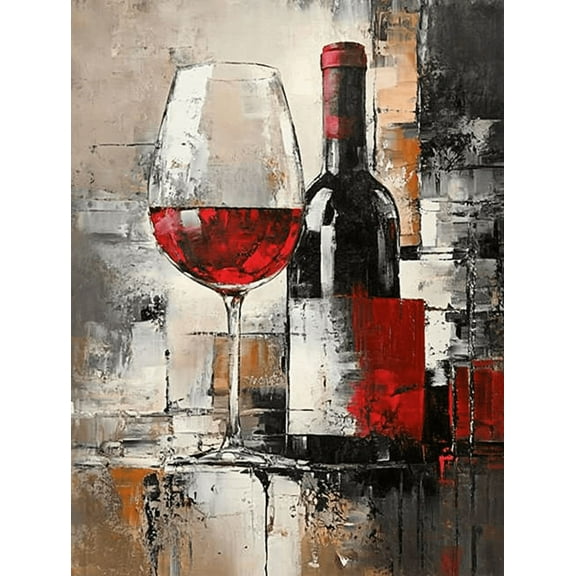 Red Wine and Glass Abstract Canvas Wall ArtSuitable for Living Room Dining Room Bedroom Kitchen and Office Decoration.