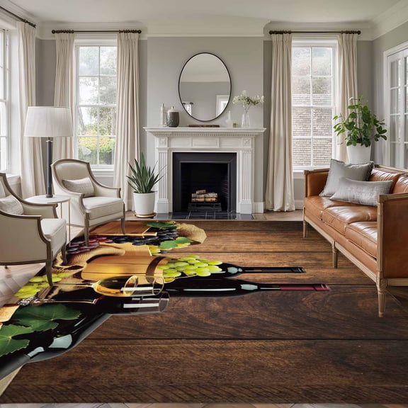 Red Wines Area Rugs 5'x8', Washable Small Throw Rugs for Classroom Bedroom, Champagne Grapes Galsses Country Wooden Plank Indoor Outdoor Rug Non-Slip Low Pile Carpet Runner Reversible Floor Mats