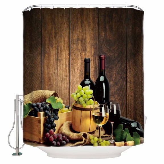 Red Wines Bathroom Shower Curtains with 12 Hooks Polyester Waterproof Shower Curtain for Stalls and Bathtubs Champagne Grapes Galsses Country Wooden Plank Decorative Bathroom Curtain 36x72 Inches