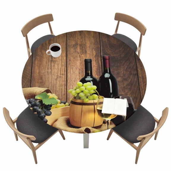 Red Wines Fitted Tablecloth with Elastic Edged, Round Table Cloth for Dining Table, Champagne Grapes Galsses Country Wooden Plank Waterproof Oil Proof Table Cover for Indoor Outdoor 36"-44"