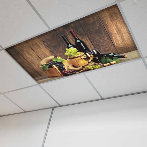 Red Wines Magnetic Fluorescent Light Covers for Ceiling Lights 2x4Ft,Champagne Grapes Galsses Country Wooden Plank Office Classroom Kitchen Drop Ceiling Light Covers Filters Shade Panel 1Pack