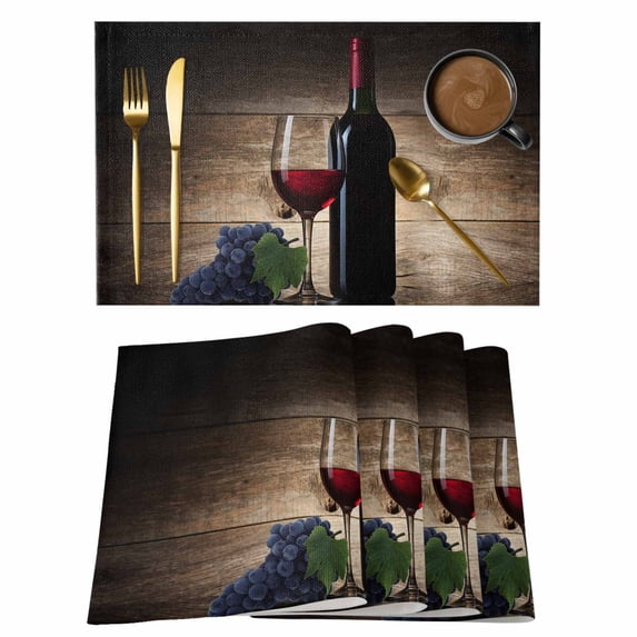 Red Wines Placemats Set of 6 Grapes Vintage Wooden Grain Farmhouse Place Mats Indoor Wipeable Table Mats Washable Cloth Dining Table Placemats for Kitchen Holiday Party Home Decor 13x19 Inch