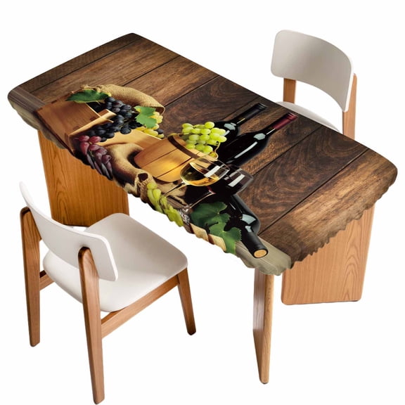 Red Wines Table Cloths for 3 Foot Rectangle Tables, Champagne Grapes Galsses Country Wooden Plank Patio Waterproof Elastic Fitted Tablecloths, Washable Rectangular Table Cover for Camping