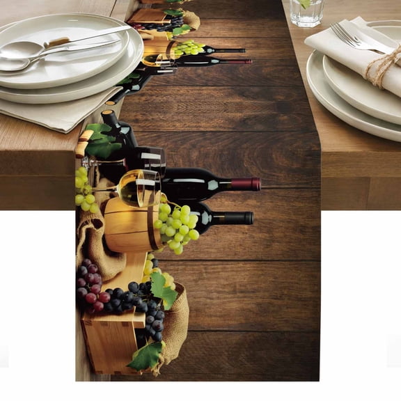 Red Wines Table Runner - 36 Inch Long, Kitchen Dining Table Runner Dresser Scarves, Champagne Grapes Galsses Country Wooden Plank Farmhouse Decor for Coffee Tables Wedding Party Banquet