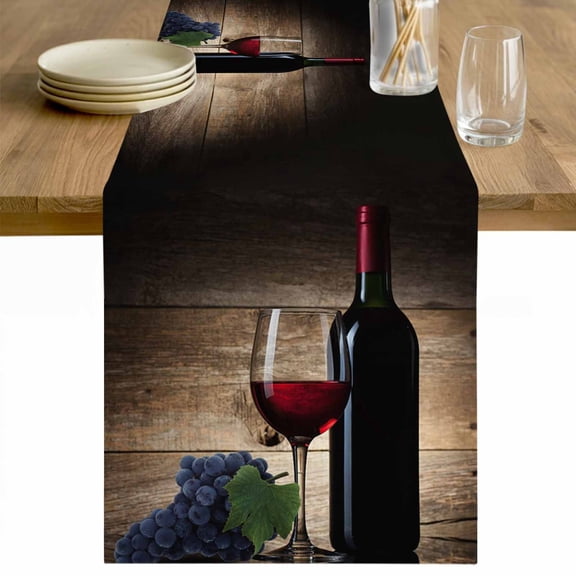 Red Wines Table Runner - 48 Inch Long Grapes Vintage Wooden Grain Farmhouse Cotton and Linen Blended Dress Scarves Farmhouse Table Runner for Kitchen Dining, Coffee Table, 13" x 48"