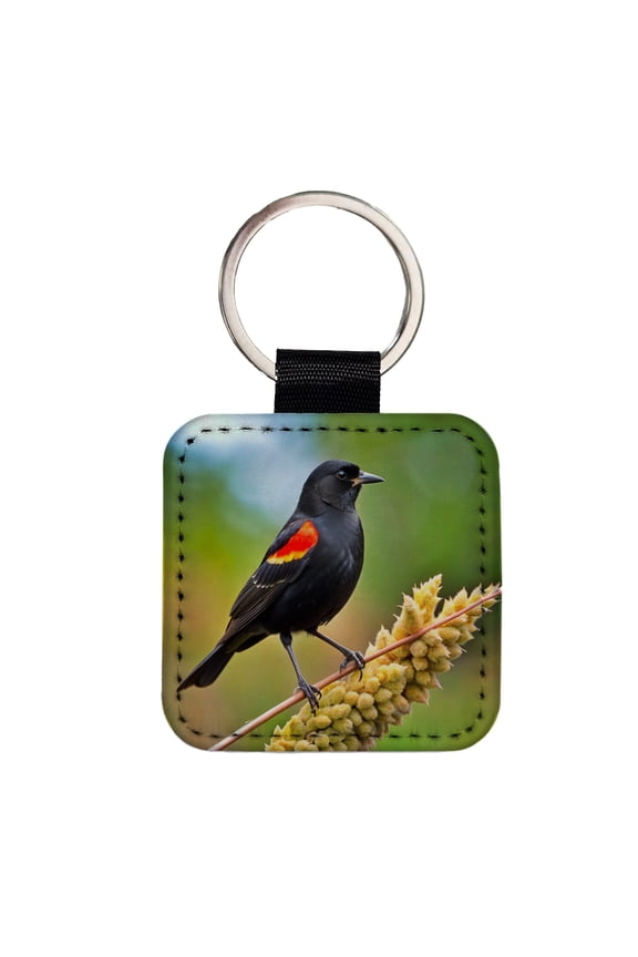 Red Winged Blackbird Backyard Bird Faux Leather Square Keychain